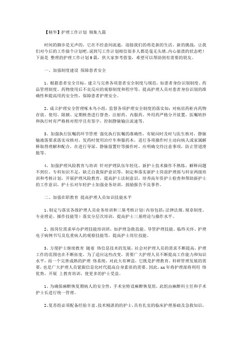 2020年【精华】护理工作计划范文锦集九篇