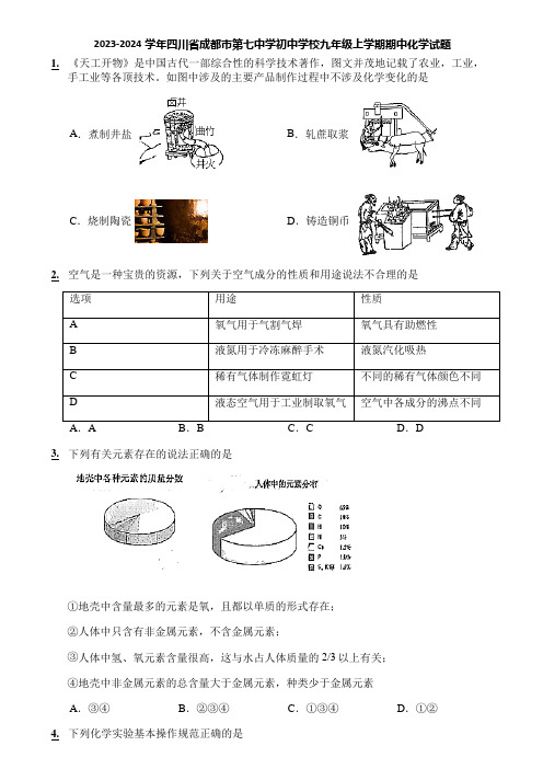 2023-2024学年四川省成都市第七中学初中学校九年级上学期期中化学试题