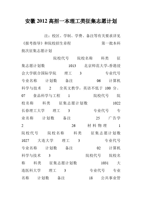 安徽2012高招一本理工类征集志愿计划