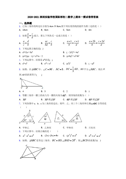 2020-2021深圳实验学校国际部初二数学上期末一模试卷带答案