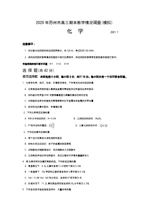 2020-2021学年 苏州市高三期末教学情况调查(Word版 含答案)