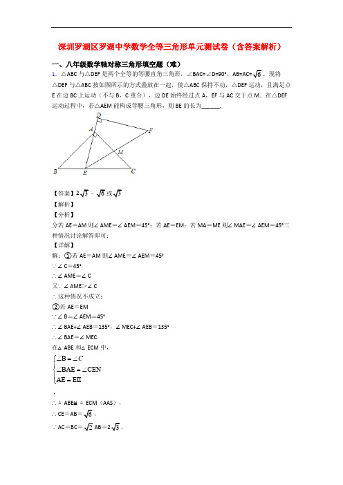 深圳罗湖区罗湖中学数学全等三角形单元测试卷(含答案解析)