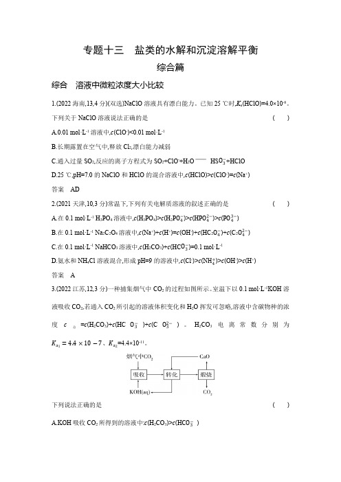 高考化学专题复习-专题十三盐类的水解和沉淀溶解平衡-综合篇-模拟练习题(附答案)