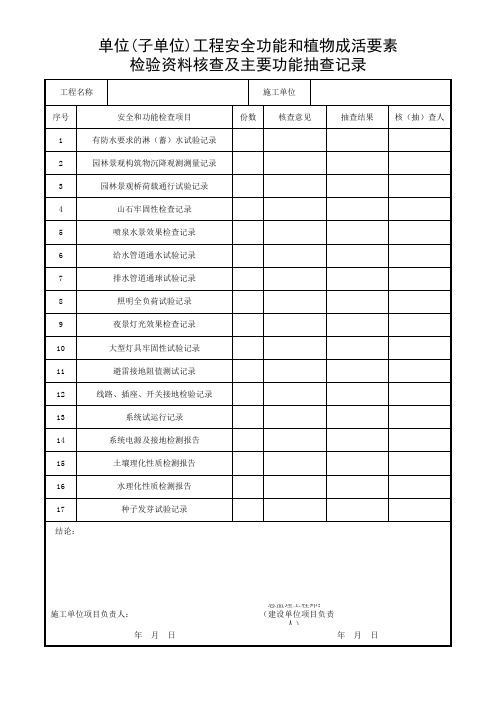 单位工程安全功能和植物成活要素检验资料核查及主要功能抽查记录