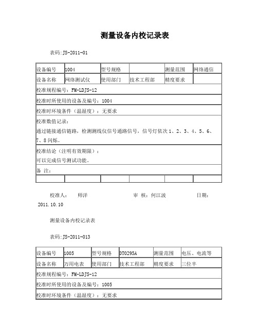 万用表测量设备内校记录表