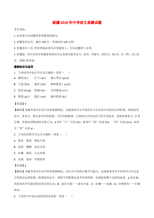新疆2018年中考语文真题试题(含解析)