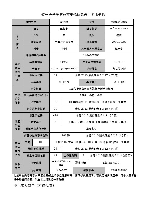 辽宁大学学历教育学位信息表专业学位