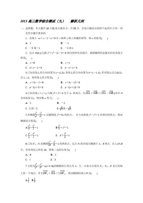 2013浙江高三数学综合测试(九)解析几何