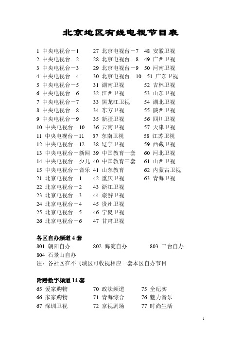 北京地区有线电视节目表