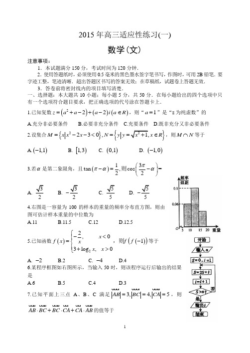 〖烟台二模 文数〗山东省烟台市2015年高考适应性练习(一)数学试题(文)(Word版 含答案)