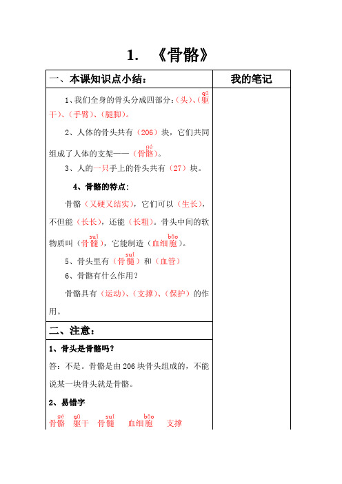 小学科学_苏教版_四年级下册_第一单元 骨骼与肌肉_1.骨骼知识点总结.docx