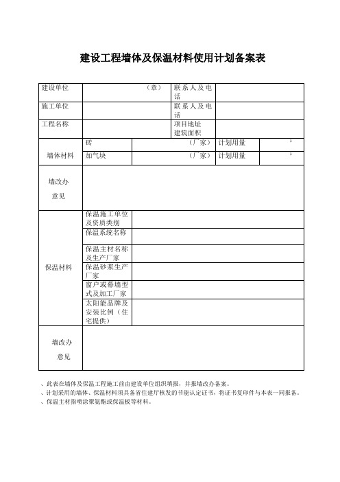 建设工程墙体及保温材料使用计划备案表