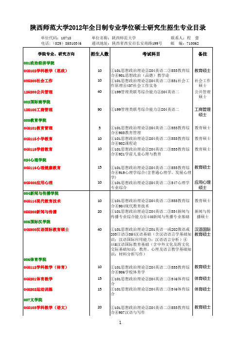 陕西师范大学 2012考研目录