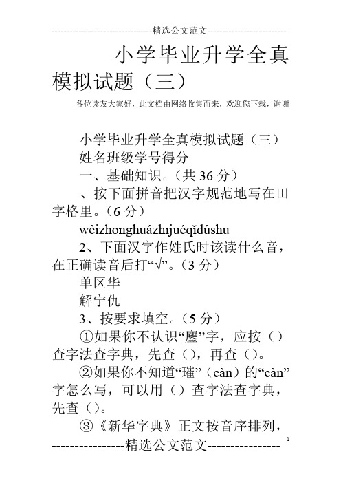 小学毕业升学全真模拟试题(三)
