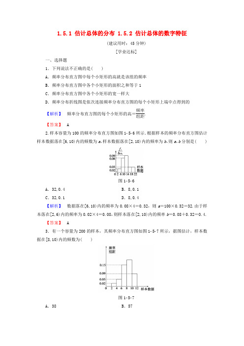 2018版高中数学 第一章 统计 1.5.1 估计总体的分布 1.5.2 估计总体的数字特征学业分层测评 北师大版必修3