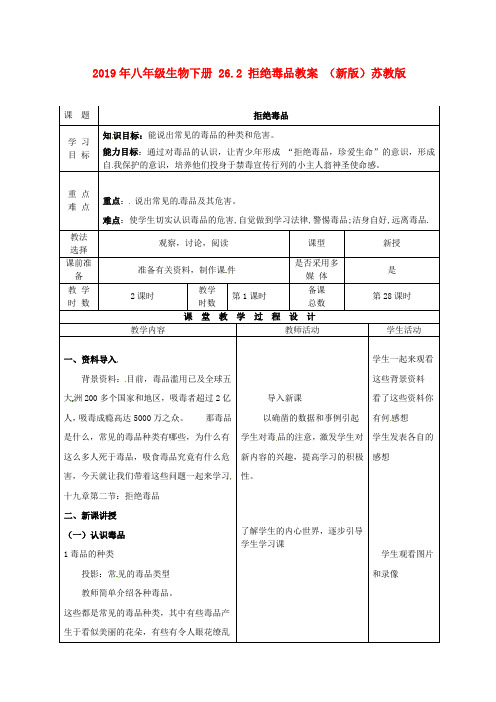 2019年八年级生物下册 26.2 拒绝毒品教案 (新版)苏教版 .doc