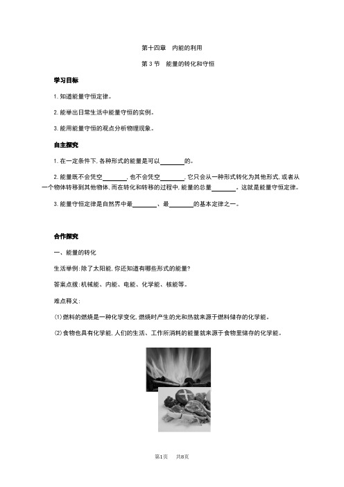 人教版九年级物理14.3能量的转化和守恒教学案(含答案解析)
