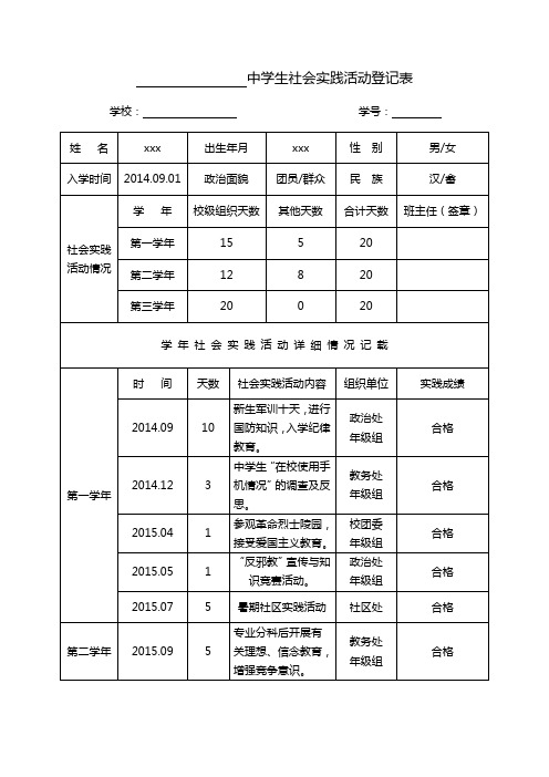 2017年中学生社会实践活动考核登记表