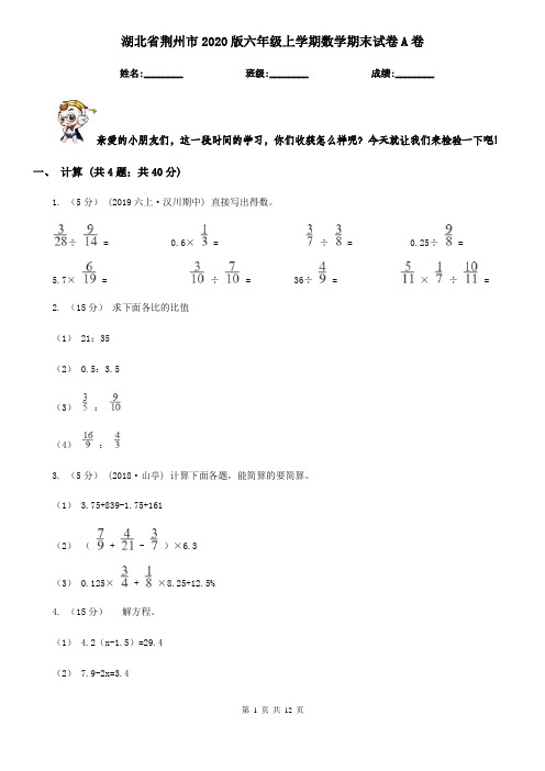 湖北省荆州市2020版六年级上学期数学期末试卷A卷