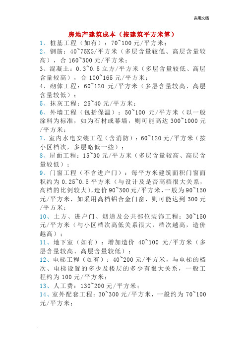 房地产建筑成本及建筑常用数据(每平米)