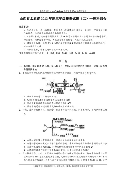 山西太原2012高三年级模拟试题(二)—理科综合.