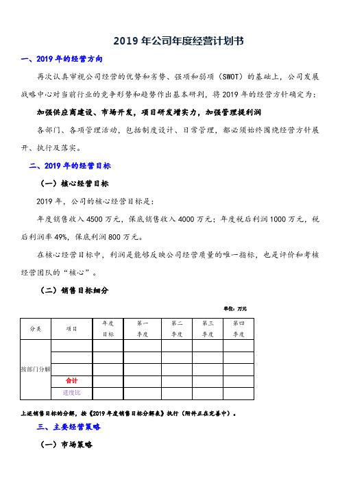 2019年公司企业年度经营计划书