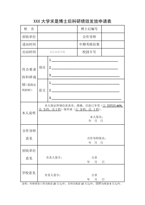 XXX大学求是博士后科研绩效发放申请表