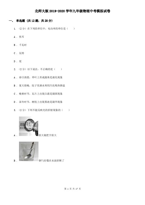 北师大版2019-2020学年九年级物理中考模拟试卷