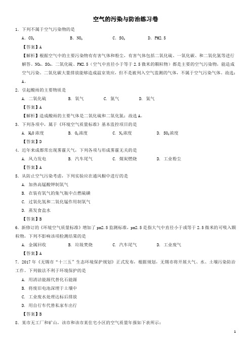 2018年中考化学重要考点 空气的污染与防治练习卷-最新汇编