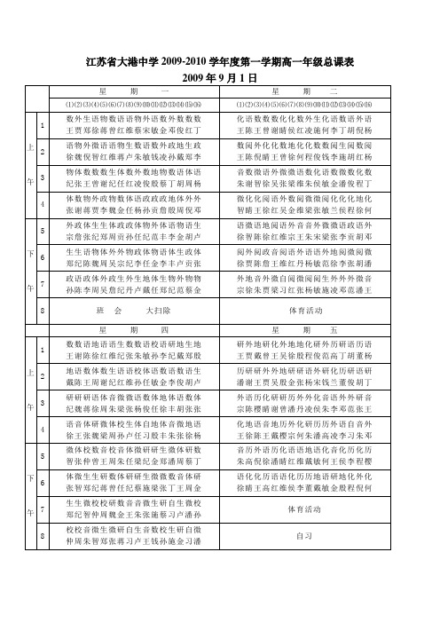 江苏省大港中学2009-2010学年度第一学期高一年级总课表