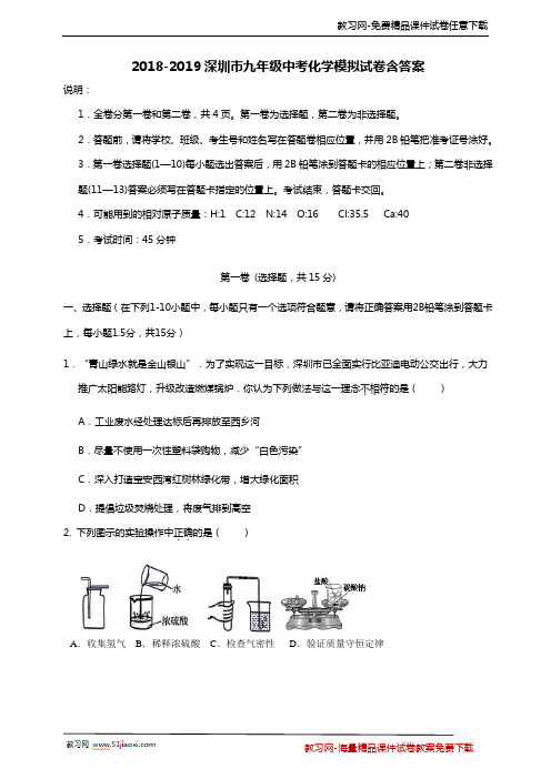 2019届深圳九年级化学中考模拟试卷含解析