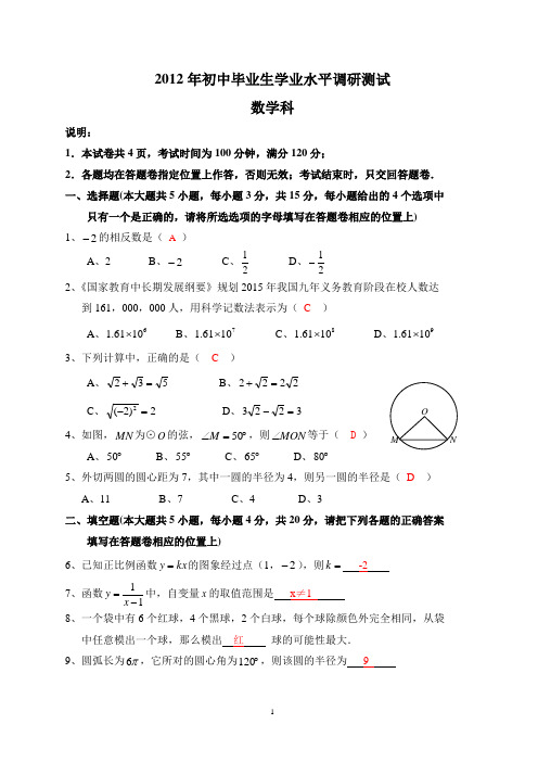 2012年九年级调研测试数学试卷