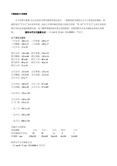 宣纸尺寸对照表