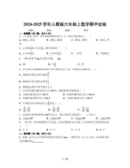 小学数学六年级上册期中易错题重难点试卷含详细答案解析3603