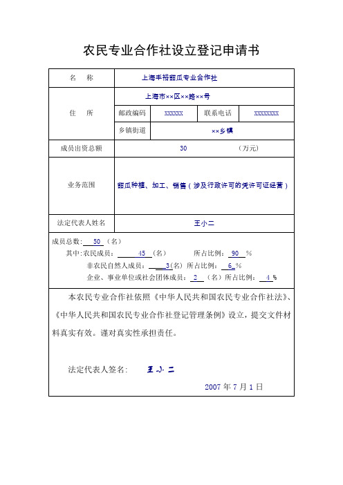 农民专业合作社设立登记申请书范本