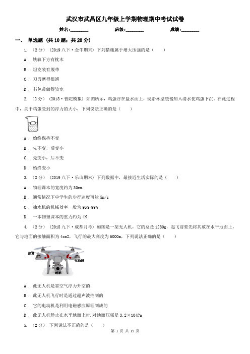 武汉市武昌区九年级上学期物理期中考试试卷