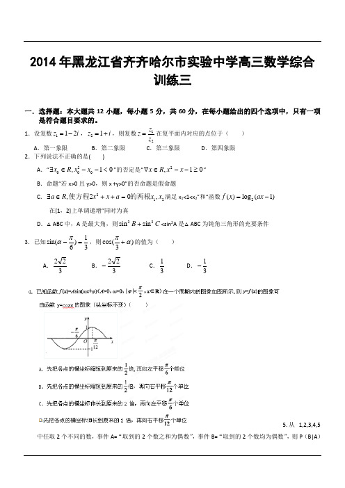 2014年黑龙江省齐齐哈尔市实验中学高三数学综合训练三