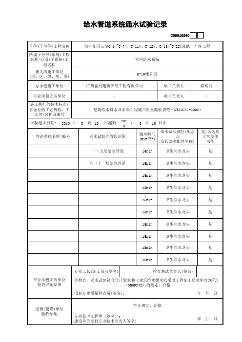 C1楼给水管道系统通水试验记录