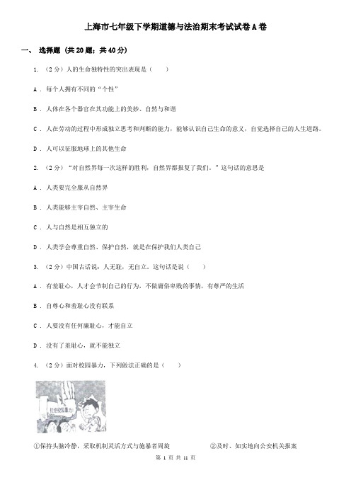 上海市七年级下学期道德与法治期末考试试卷A卷