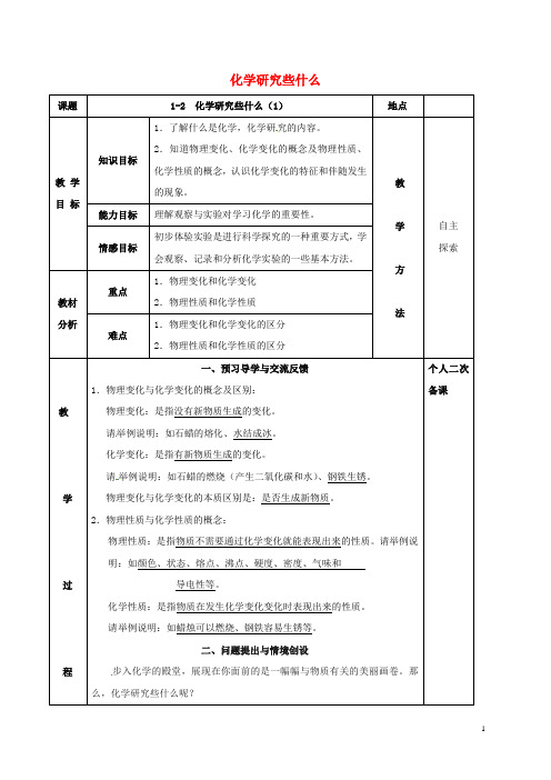 九年级化学全册第一章开启化学之门1.2化学研究些什么教案1沪教版