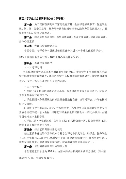 南昌大学学生综合素质考评办法(参考表)