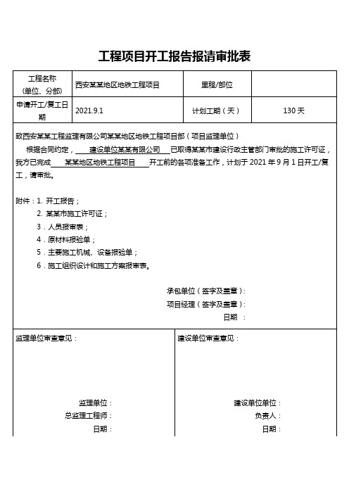 工程项目开工报告报请审批表