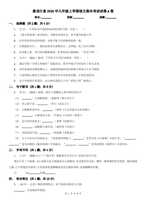 黑龙江省2020年九年级上学期语文期末考试试卷A卷精编