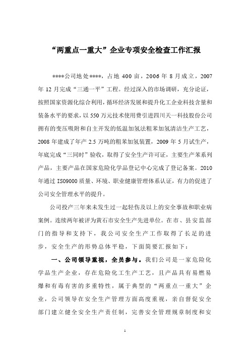 “两重点一重大”企业安全生产汇报材料