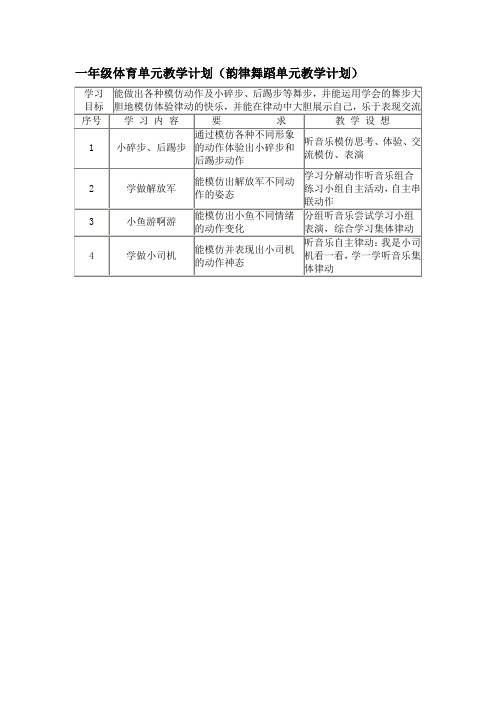 一年级体育单元教学计划(韵律舞蹈单元教学计划)
