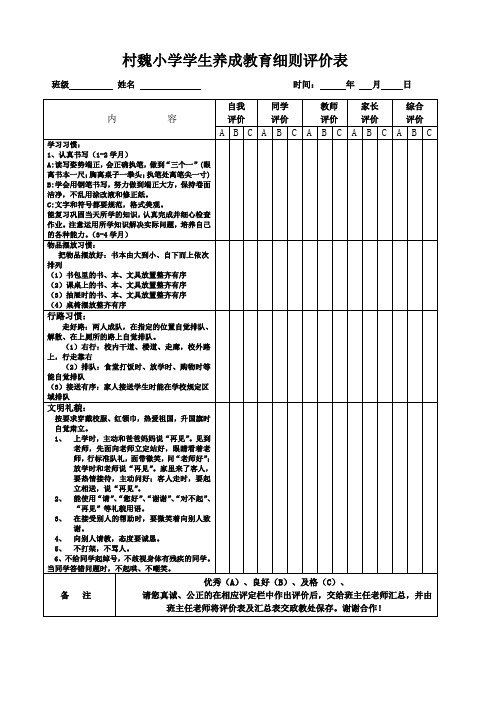 村魏小学学生养成教育细则评价表