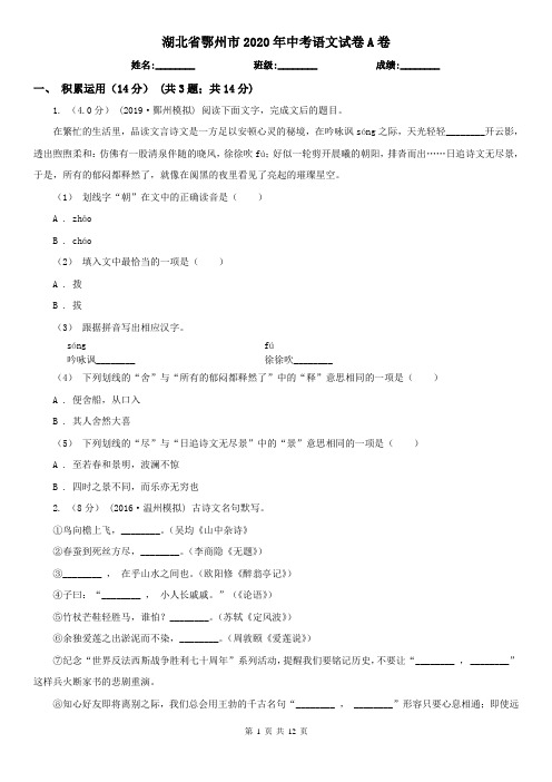 湖北省鄂州市2020年中考语文试卷A卷