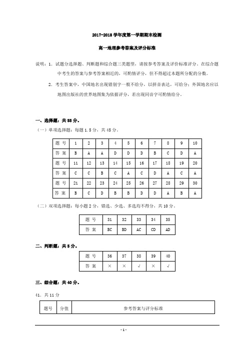 江苏省扬州中学2017-2018学年高一上学期期末考试地理答案