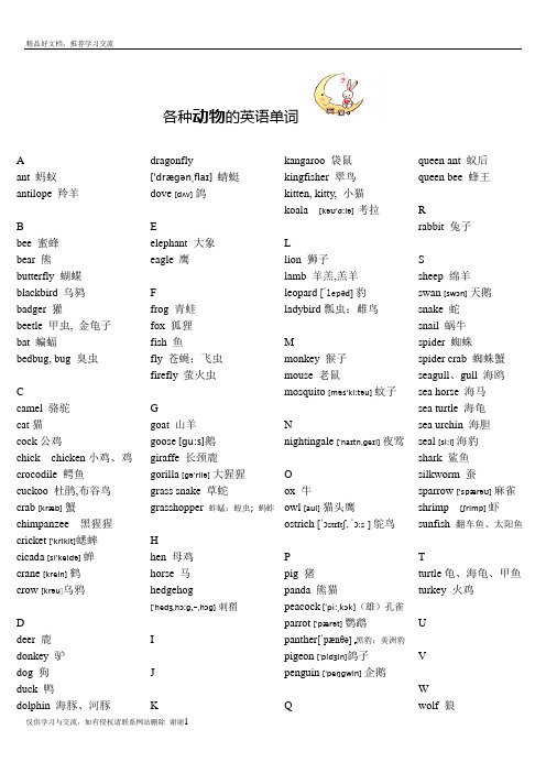 最新各种动物的英语单词