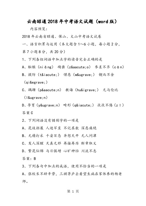 2018年云南昭通中考语文试题(word版)-文档资料